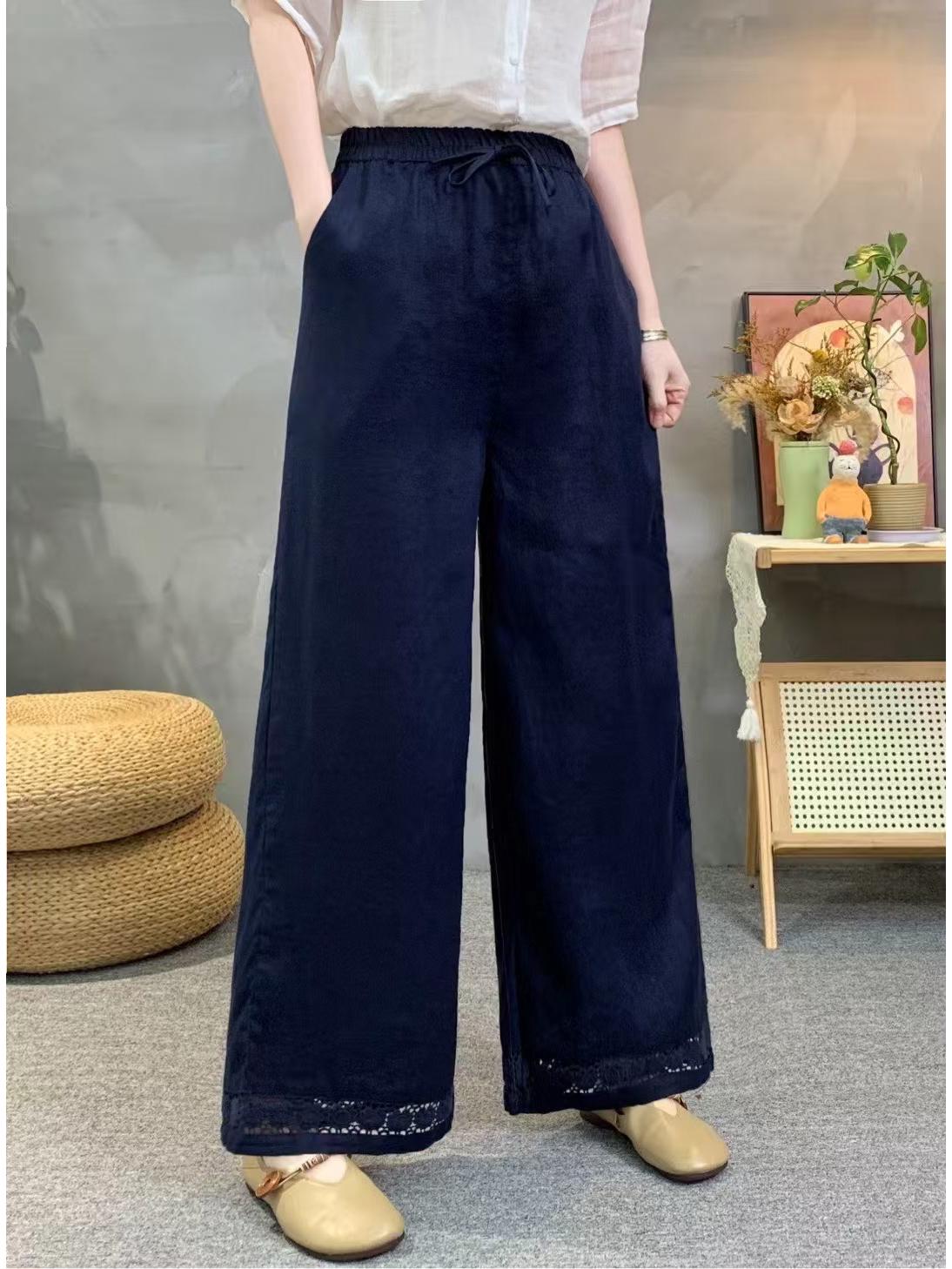 

2026 Spring/Summer Women s Pure Linen Trousers with Floral Hem and Elastic Drawstring Waist - Artistic Straight-Leg Casual Pants. One Size темно-синього кольору