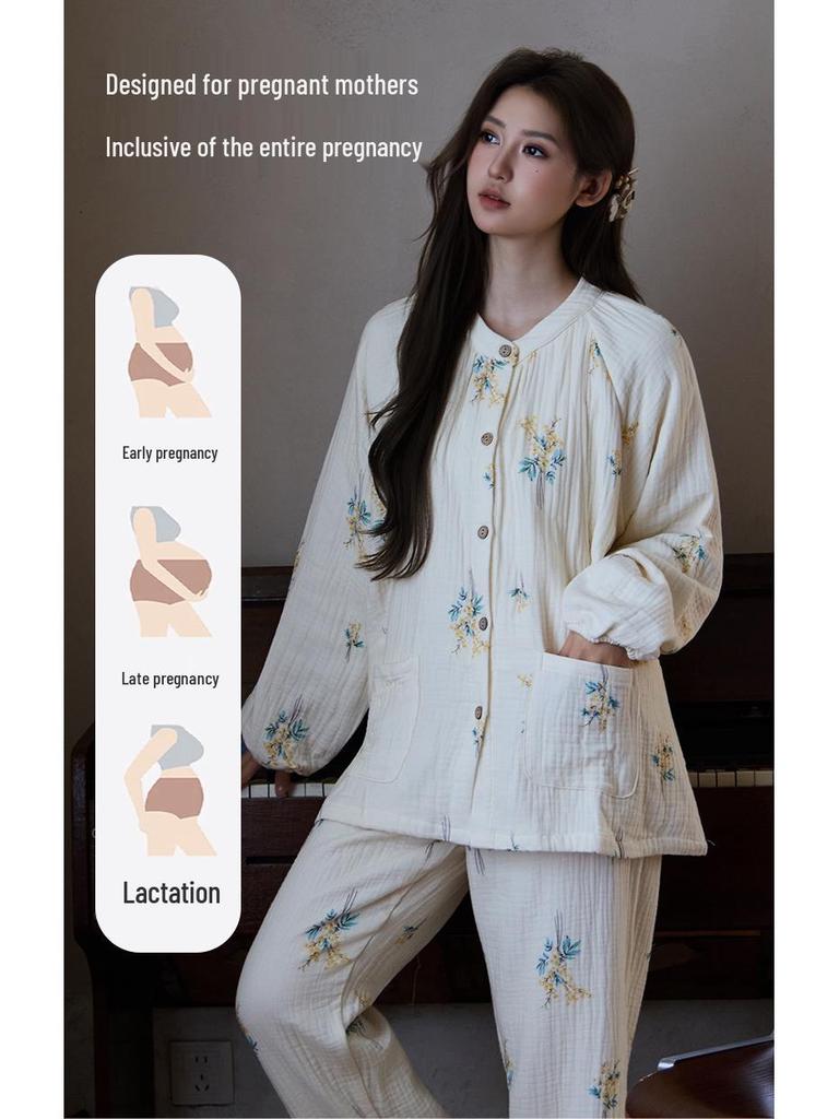 Silné bavlněné těhotenské pyžamo na jaro, podzim a zimu - Čtyřvrstvá gáza pro pohodlí v těhotenství, po porodu a při kojení