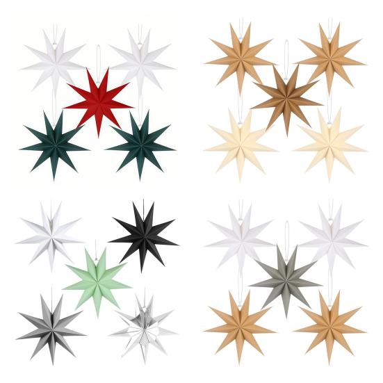 5Pcs Star Lanterns 12-Inch Paper Christmas Ornaments 9 Pointed Hanging Lamp Lampshades Vintage Farmhouse