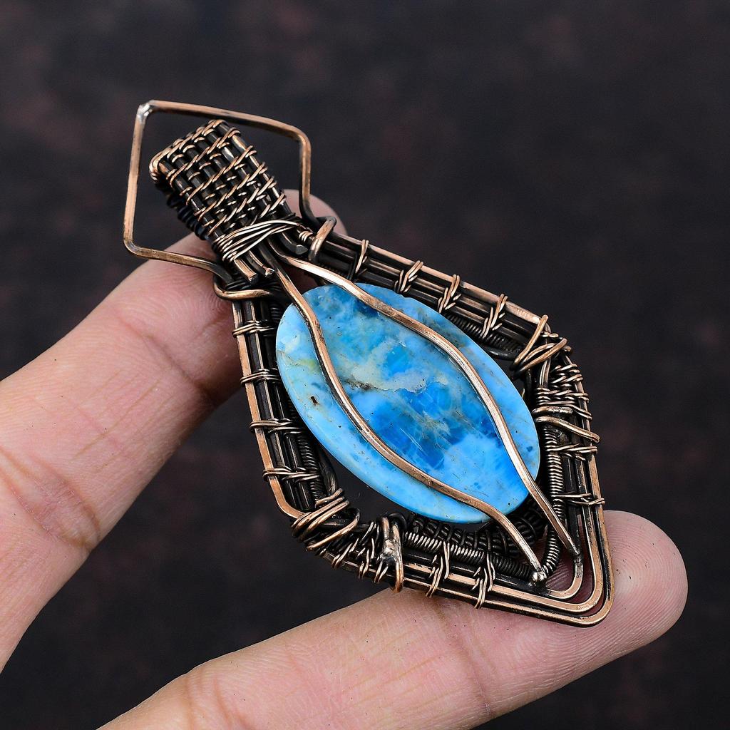 Neon Apatite Pendant Copper Wire Wrapped Pendant Gemstone Copper Jewelry Handmade Ethnic Pendant Wire Wrapped Neon Apatite Jewelry For Gift