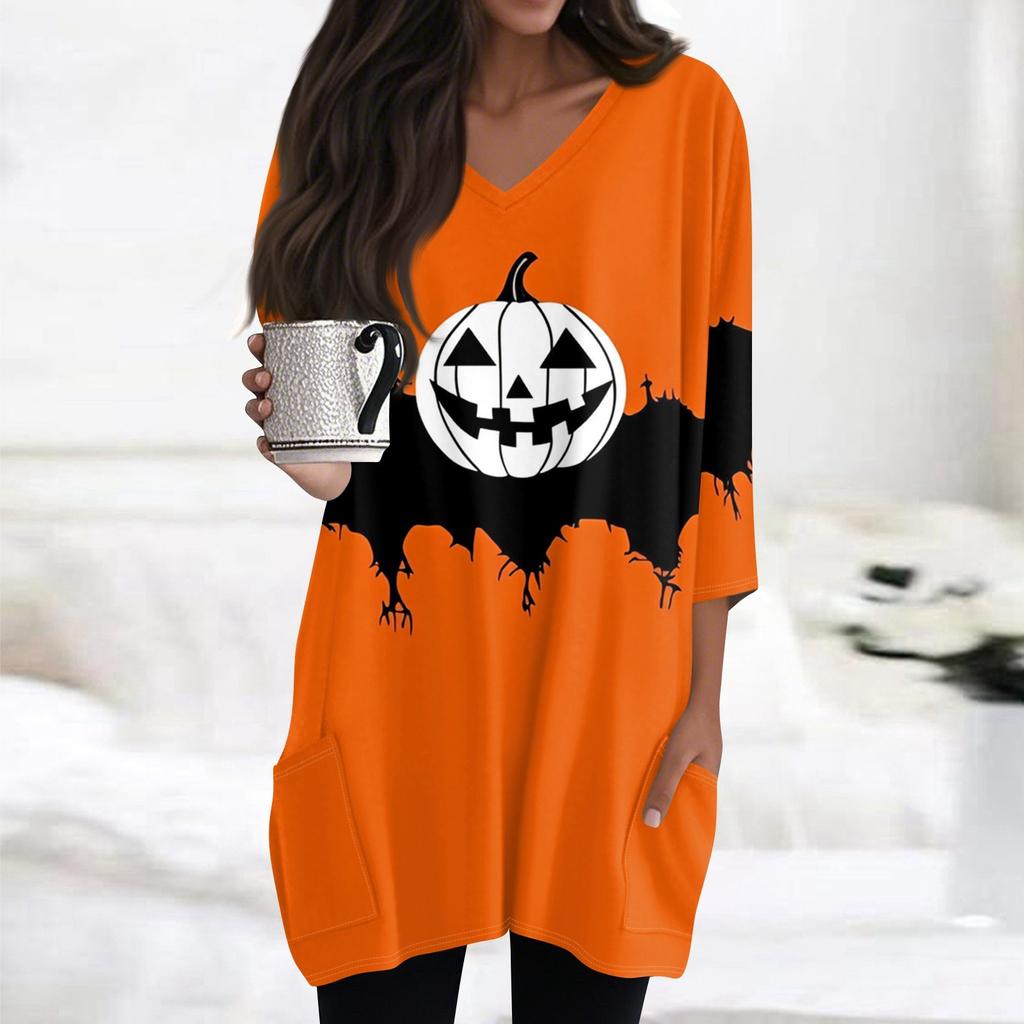 Damen Oberteile V-Ausschnitt 3/4 Ärmel Blusen Lässige Mittellange Hemden Mode Halloween Print Tunika Oberteile Mit Taschen