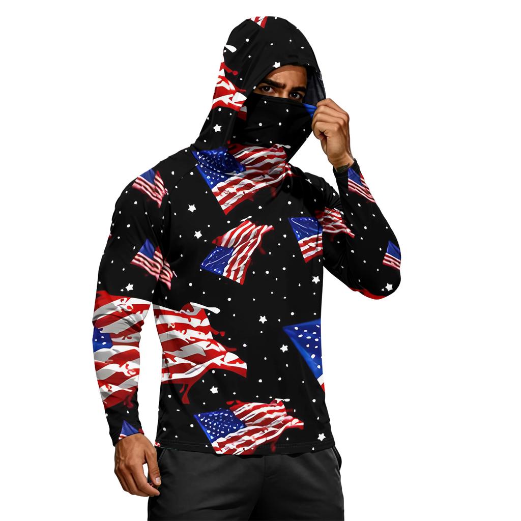 Men's Long Sleeve Lightweight Hoodie with Drawstring Hood and Face Covering Flag Print Casual Pullover Top