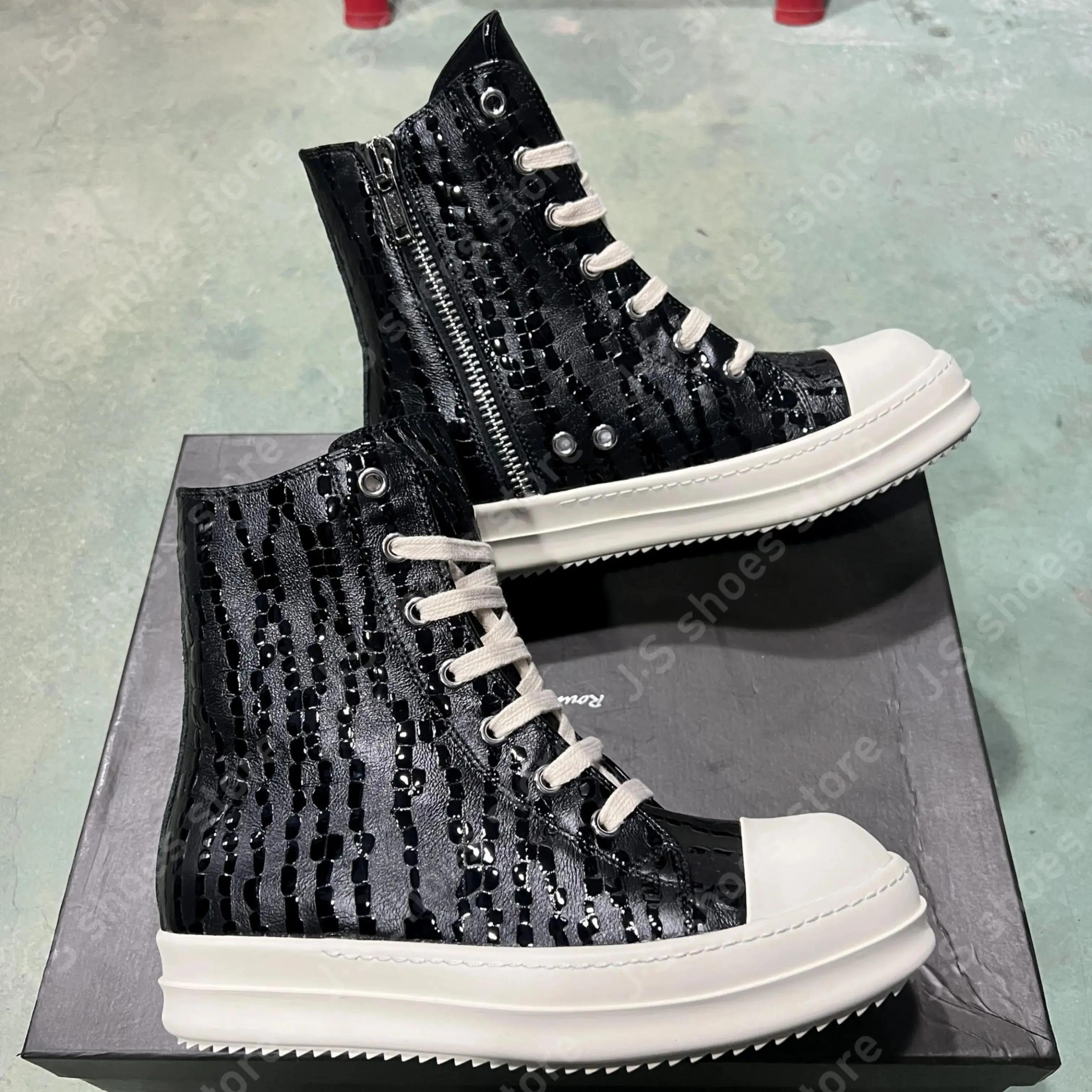 

R-o Design Black Leather High Top Shoe Luxury Men Shoes Women Casual Sneaker Ankle Boot Zipper Square Water Drop Style Sneakers 48 чёрный