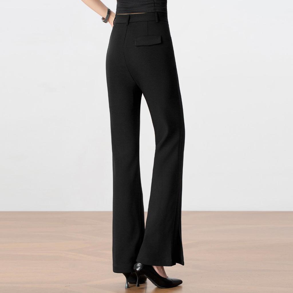 2025 Women's High-Waisted Black Micro-Flare Pants – Slimming, Casual Drape with Split Hem