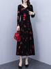 Spring & Fall V-Neck A-Line Dress for Middle-aged Women: Mid-length, Printed, Waist-cinching, Wide Hem