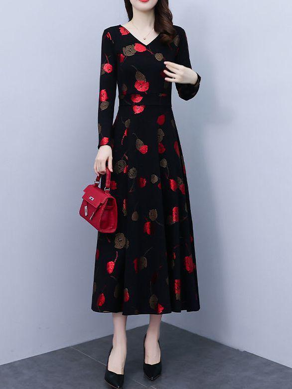 Spring & Fall V-Neck A-Line Dress for Middle-aged Women: Mid-length, Printed, Waist-cinching, Wide Hem