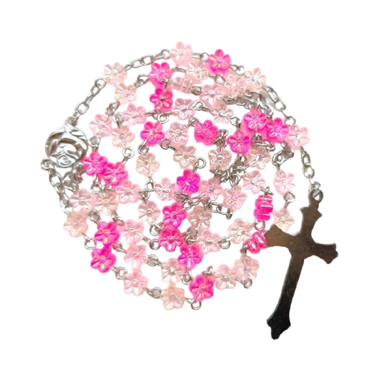 Unisex Long Rosary Beads Chain Crosses Pendant Catholic Crucifix Charm Necklace Flower Beads Neckchain Jewelry Gift