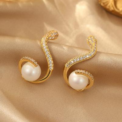 Real Gold Electroplating 925 Silver Needle Serpentine Zircon Pearl Earrings Temperament Stud Earrings Advanced Sense Yiwu Jewelry Factory Popular