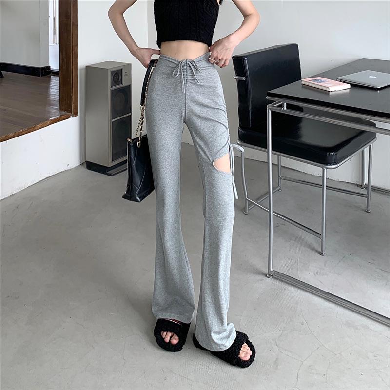 Women's Gray Ripped Micro Flare Drawstring Pants - Trendy, Versatile Summer Niche Casual Wear
