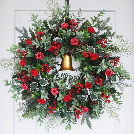 Christmas Wreath with Golden Bell Front Door Garland Waterproof Red Rose Petals Pine Cones Festive Holiday Decoration