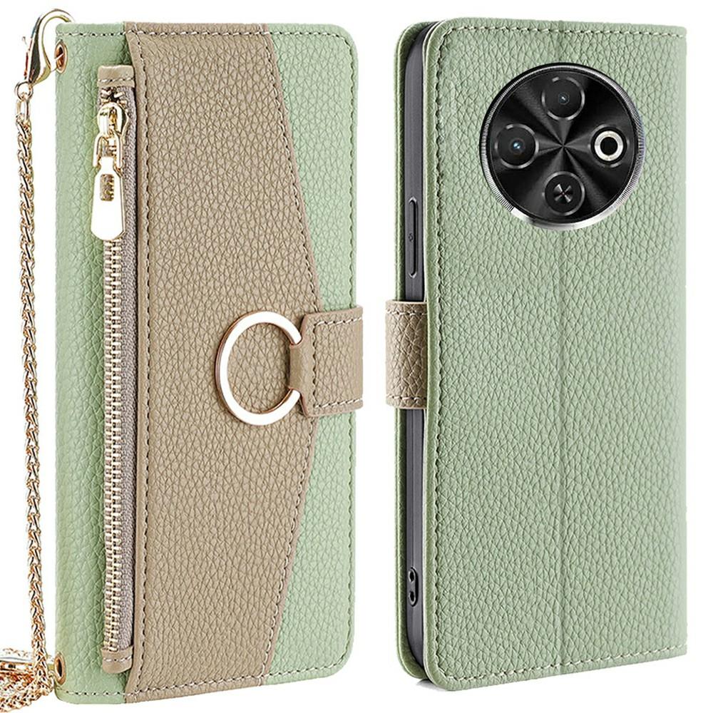 

For TECNO Spark 30C 4G Case Mirror Wallet Leather Phone Cover with Chain Shoulder Strap Green