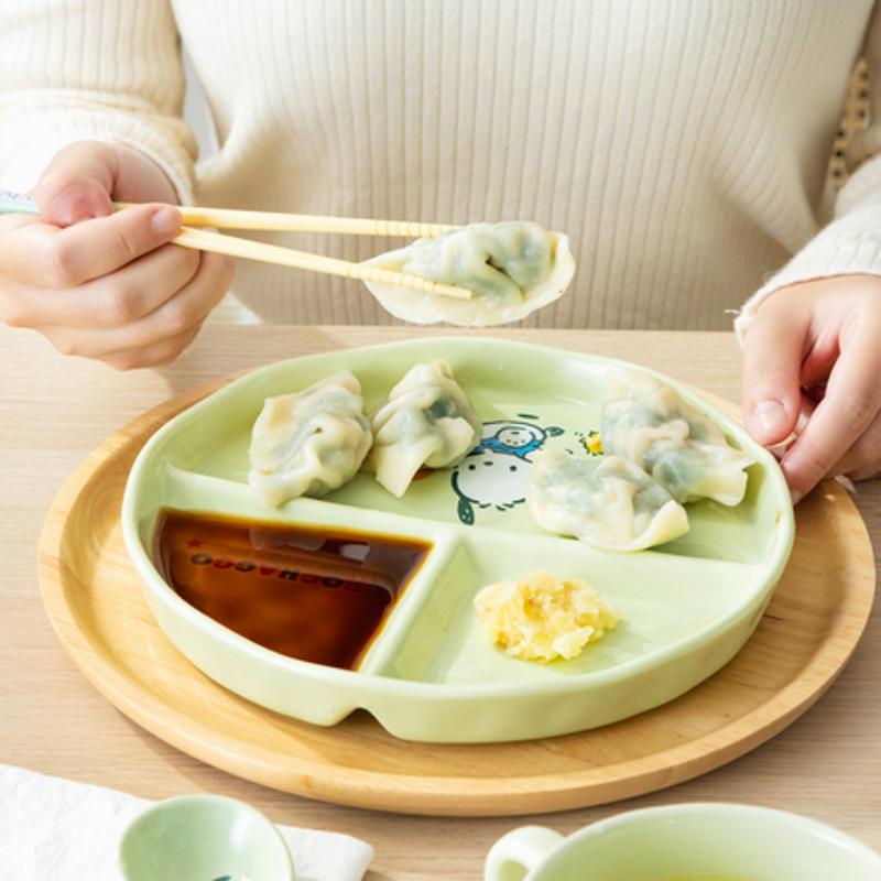 Für Sanrio Pochacco Keramik Kinder-Teller mit Fächern Runder unterteilter Speiseteller Cartoon Tasse Mikrowellenfestes Geschirr