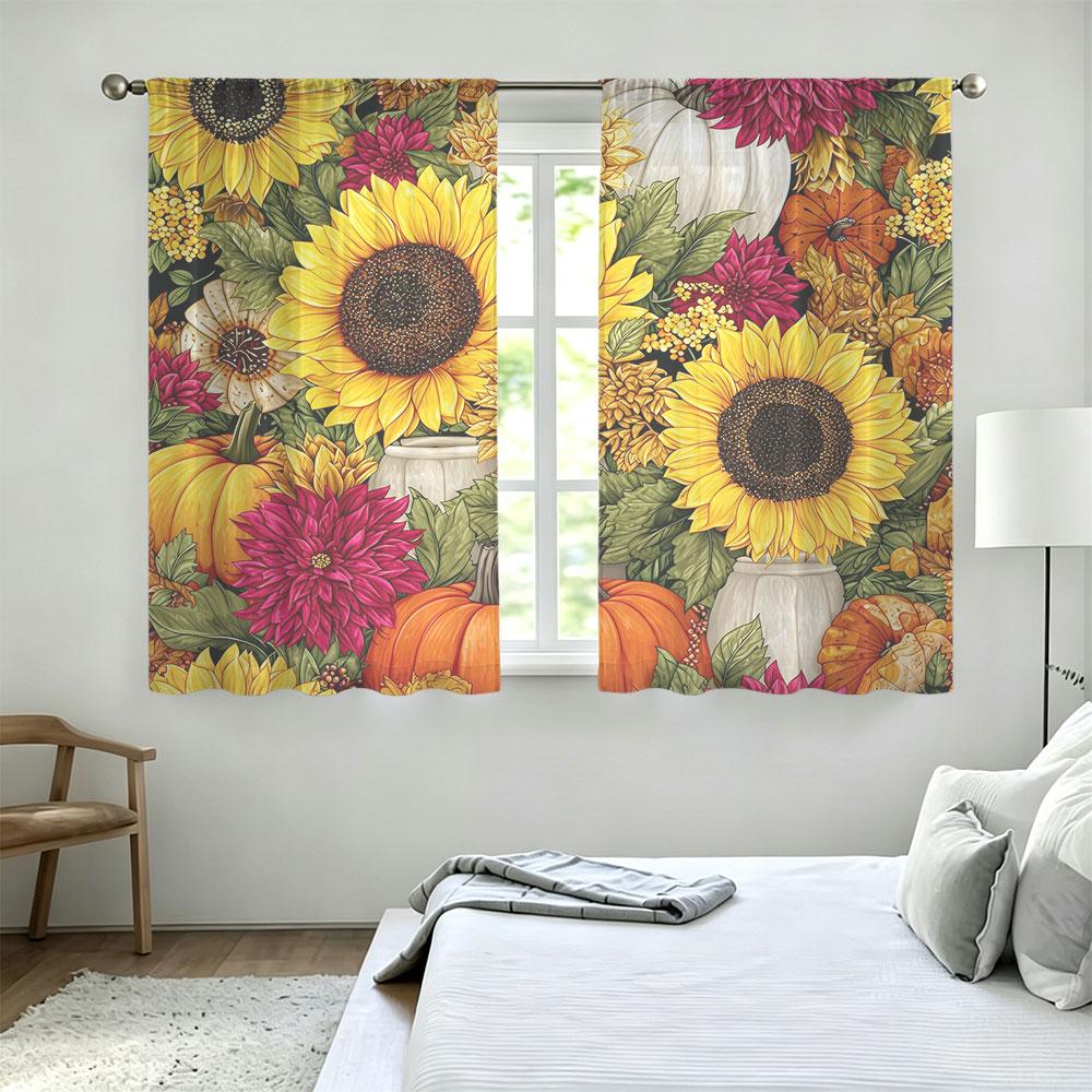 2Pcs Autumn Sunflower Pumpkin Mixed Floral Rod Pocket Curtains Double Sided Window Drapes Privacy Protection Curtain Panels F