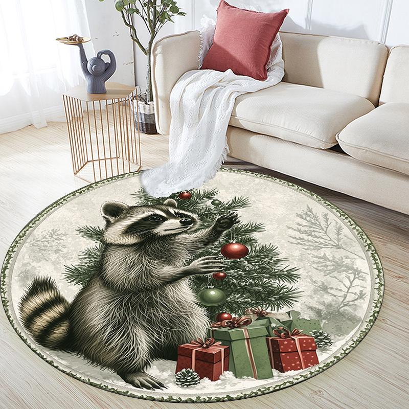 Vintage Raccoon,Round Area Rug,Carpet Rug for Living Room Bedroom Sofa Playroom Decor,Non-slip Floor Mat