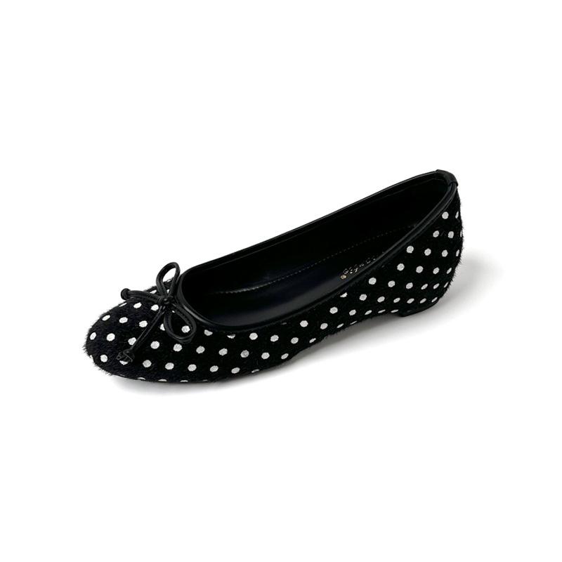 Height increase 5CM bow polka dot flat-soled single shoes women's 2025 new Xiaoxiangfeng one-pedal suede Mary Jane shoes