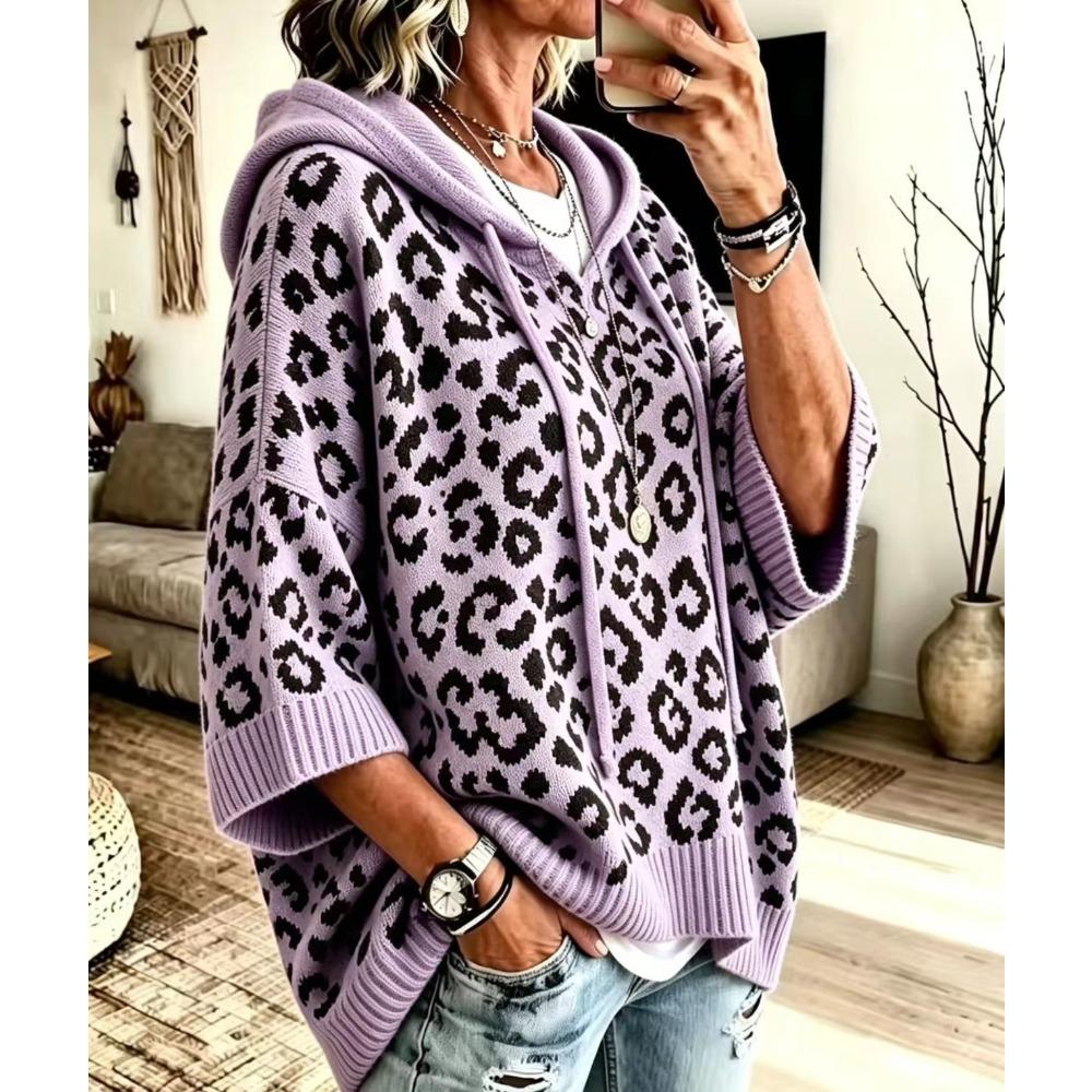 Leopard Print Hooded Sweater Women Drawstring Knit Pullover Hoodie Loose Knitted Outerwear Casual Oversized Sweatshirt Top