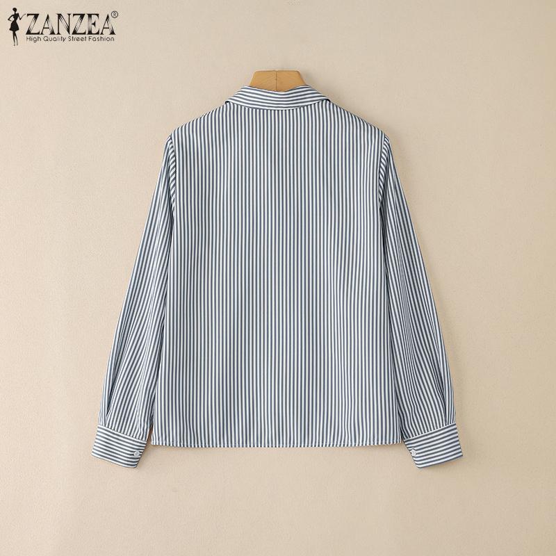 ZANZEA Women Casual Turn Down Collar Loose Long Sleeve Stripe Blouse