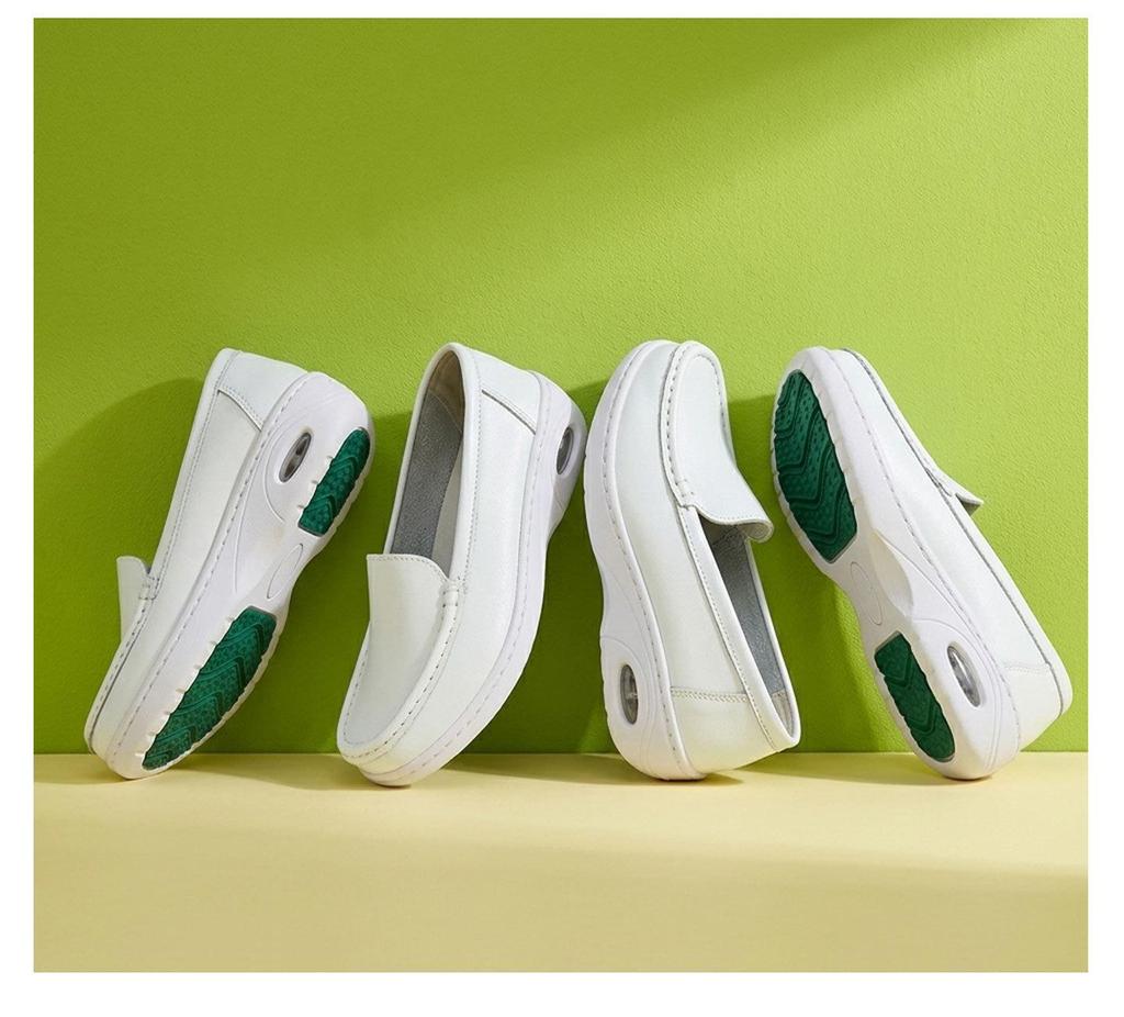 Women's Breathable Non-Slip Nurse Shoes, Wear-Resistant with Soft Thick Sole, White Microfiber Leather Loafers for Comfort.