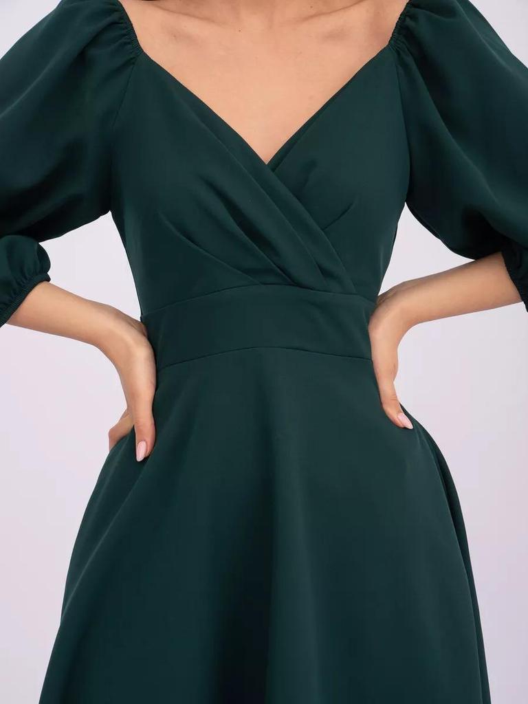 Spring V-Neck Waist-Cinching Puff Sleeve Dress with Pockets for Women