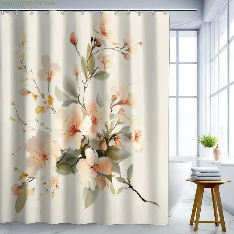 A Bathroom Shower Curtain Featuring a Spring Flower Viewing Theme, Perfect for The Spring Festival. It Comes with 12 Hooks And