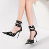 Fashion Super High Heel Metal Pointed Toe Studded Belt Buckle Rear Zip Anti-Slip Wear-Resistant Stiletto Sandals