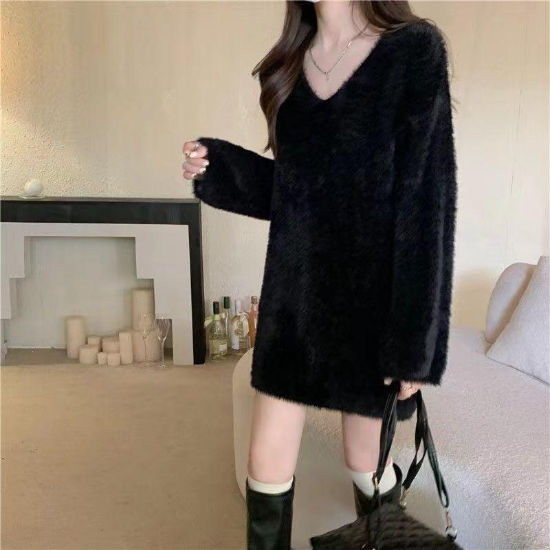 

Свитер с v-образным вырезом, пуловер из норкового флиса, свитер средней длины, женский осенне-зимний однотонный свободный вязаный свитер, пуловер, женский топ One Size чёрный