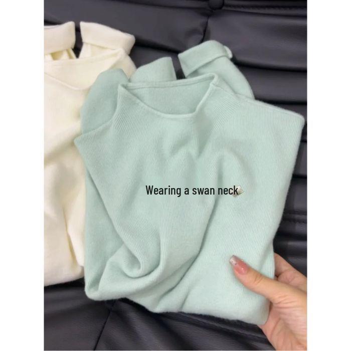 Fufu Korean Style Blue Slim-Fit Knitted Sweater, Semi-High Neck, Soft and Cozy Top for Autumn and Winter 2026.