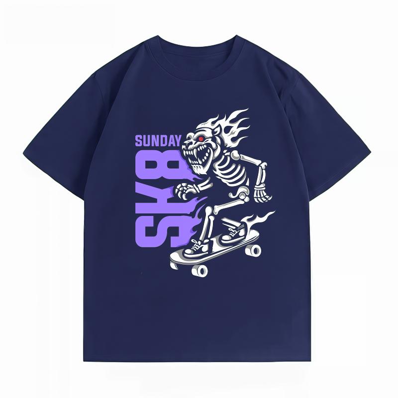 Unisexs 100 Cotton Summer New TShirt Skeleton Skateboard SUNDAY SK8 Print Streetwear Skate Casual Short Sleeve Tops