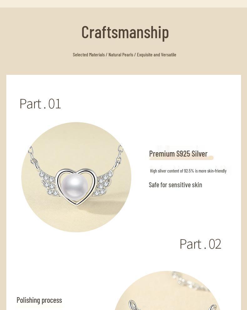 S925 Sterling Silver Heart Wing Freshwater Pearl Necklace: Elegant Women's Collarbone Chain with a High-End Fashion Feel