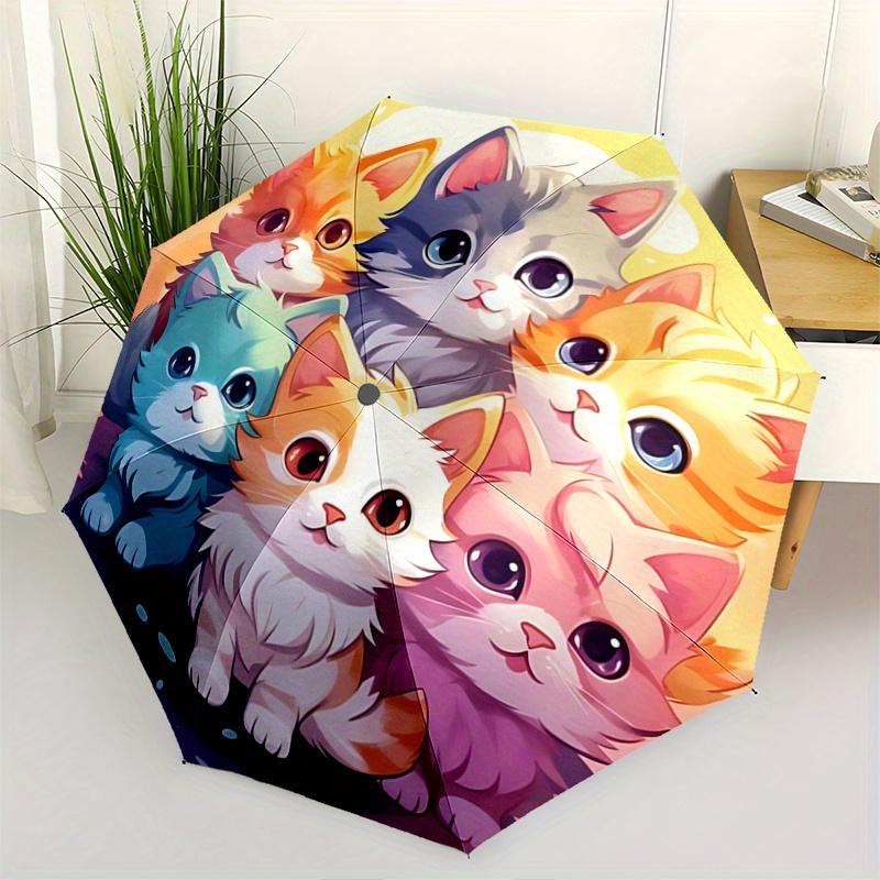 

1pc Cartoon Colorful Kittens Animals Durable Cartoon Folding Umbrella, Portable 3-Fold Compact Umbrella for Men and Women, Suitable for Travel or