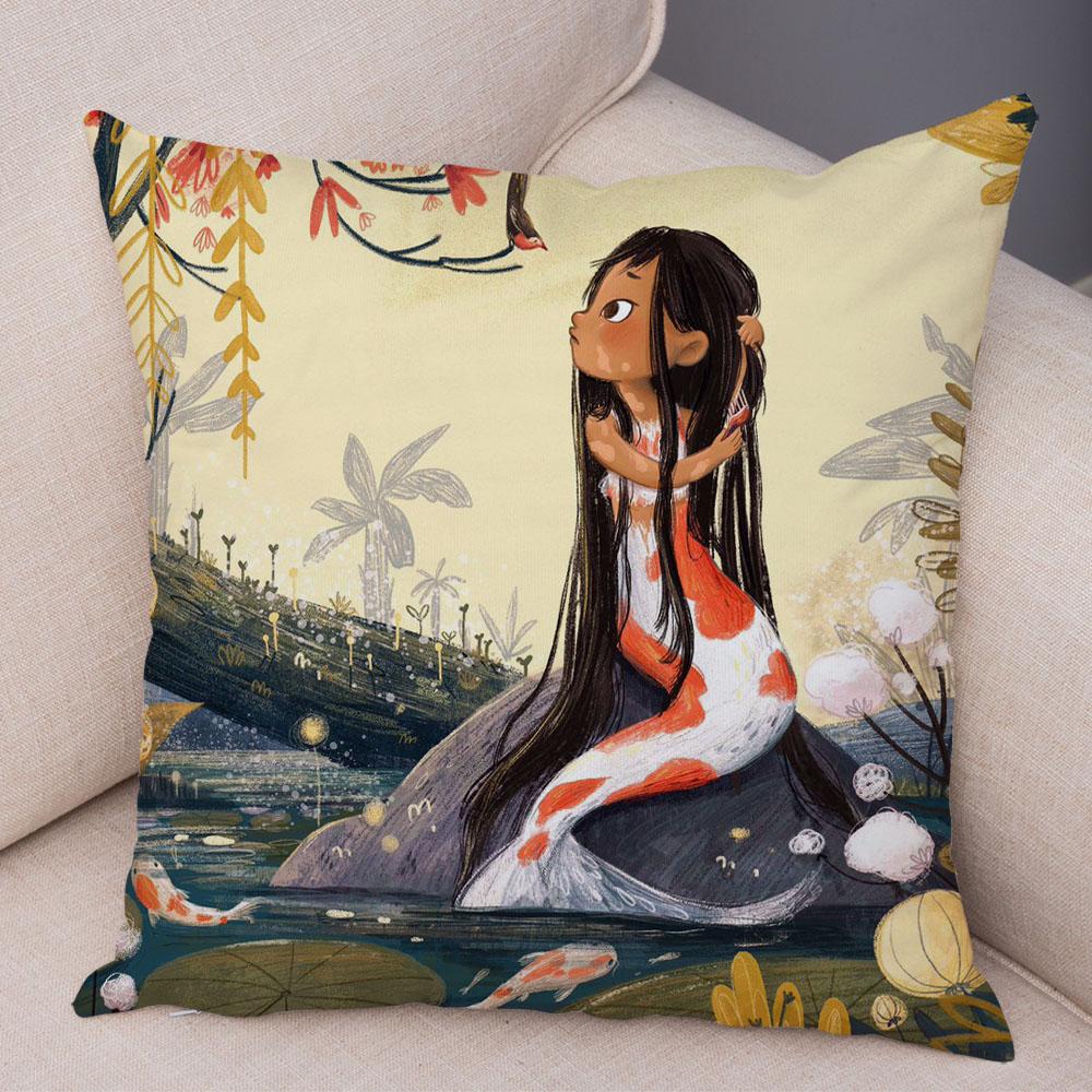 Super Soft Plush Pillow Case for Sofa Home Watercolor Cartoon Girl Cushion Cover Decor Fairy Tale World Lovely Child Pillowcase