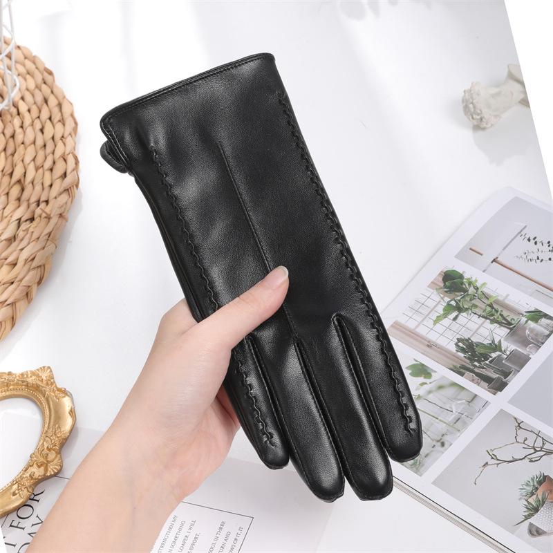 Warme Damen-Handschuhe aus PU-Leder mit Stickerei - Herbst/Winter Koreanischer Stil, Figurbetont, Samtfutter, Extra Dick für Radfahren und Autofahren