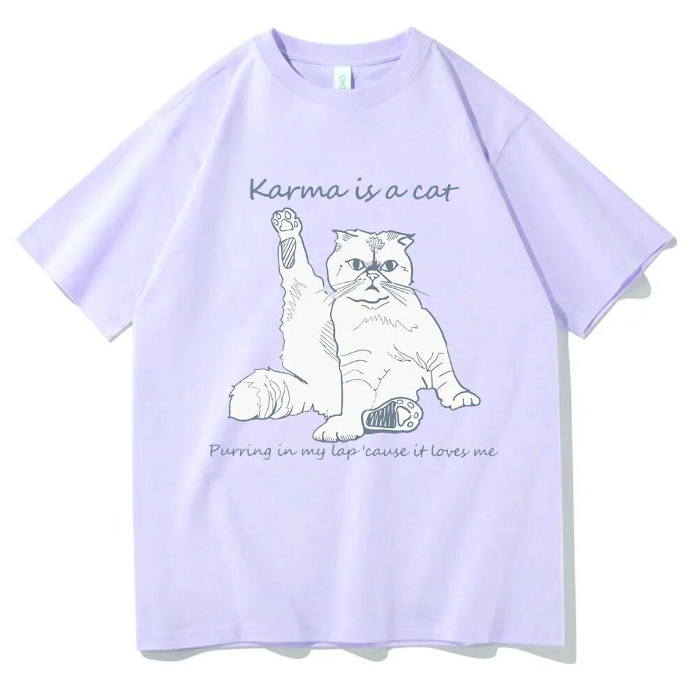 Karma Is A Cat T-skjorte med grafisk trykk Unisex kvinner Uformell Søte T-skjorter i bomull Overdimensjonerte par Kortermet Streetwear-gaver