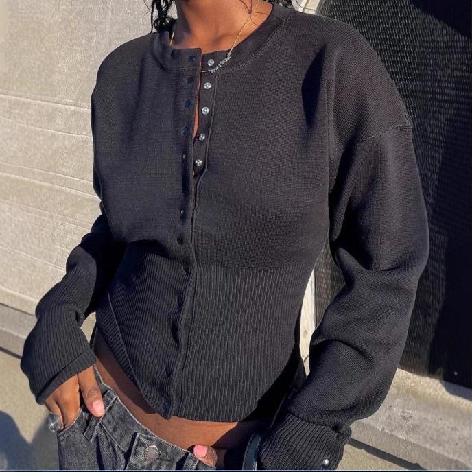 Women's Fitted Waist Single Breasted Button Round Neck Long Sleeve Knit Cardigan Cropped Sweater Top