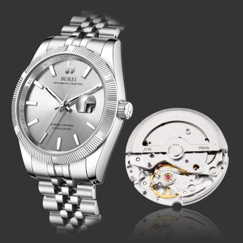 BUREI Men's Automatic Watch, Waterproof, Analog, Mechanical, Silver, Popular, Business, Date Display, Simple, Casual, Luminous Design