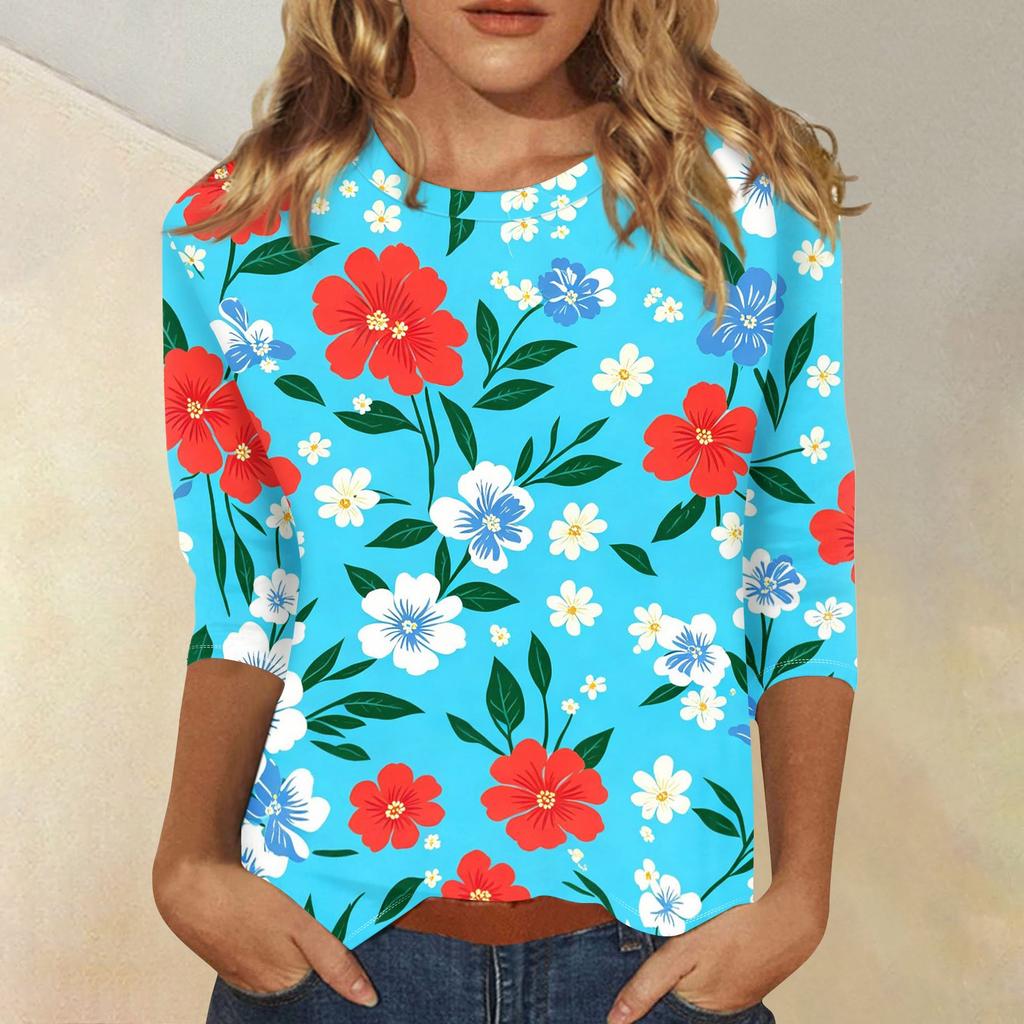 Women's Casual Floral Print Three Quarter Sleeve Round Neck Top Lightweight Comfortable Fit for Everyday Wear