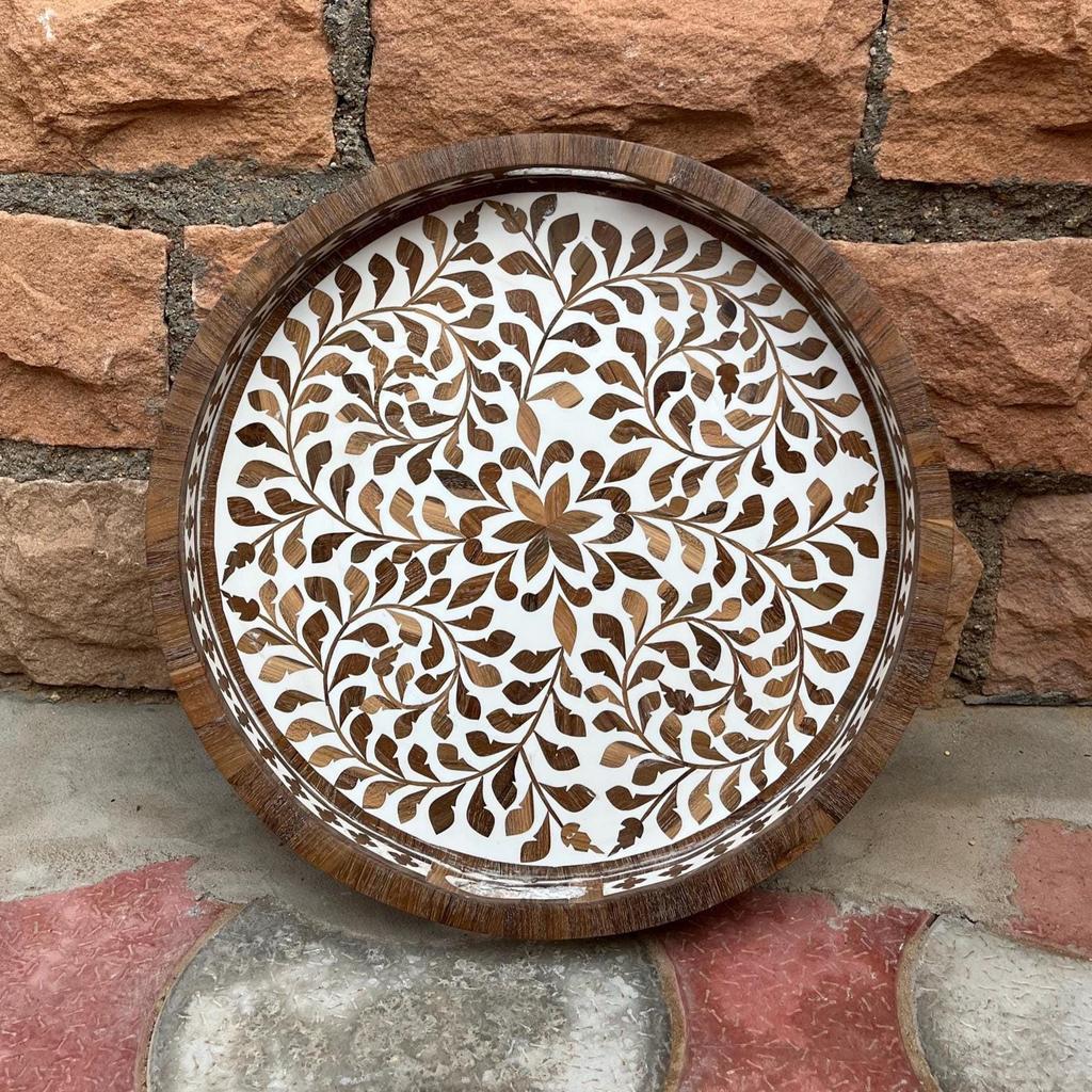 Wooden Inlay Decorative Tray  Round Floral Pattern Serving Tray | Bone Inlay Style | Boho Coffee Table Tray | Kitchen Bone Decor Tray