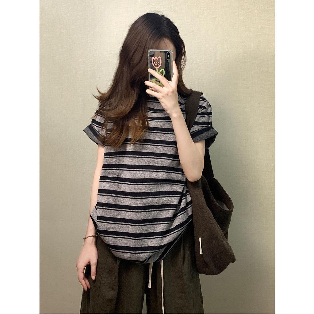 American retro contrasting striped short-sleeved t-shirt women's spring and summer new niche casual loose half-sleeved top