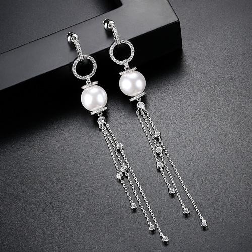 LUOTEEMI Silver Tone CZ Paved Circle with White Imitation Pearl Drop Multiple Chain Tassel Long Dangle Earring for Women Wedding