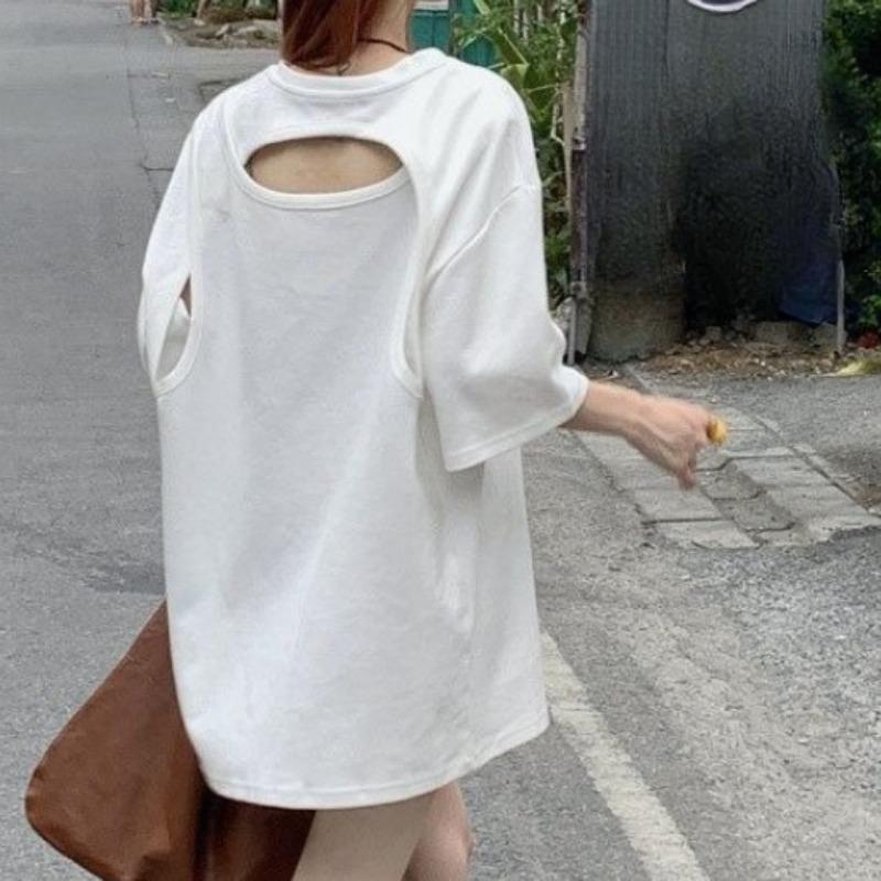 

Back Hollowed Out Women s T-shirt Loose Solid Color Round Neck Short Sleeved Famale T-shirts Summer Casual Minimalist Ladies Pullover Top 2XL білий