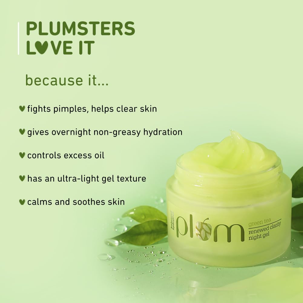 Plum Green Tea Renewed Clarity Night Gel Lightweight Overnight Moisturizer For Oily Acne Prone Skin Vegan 50 Ml