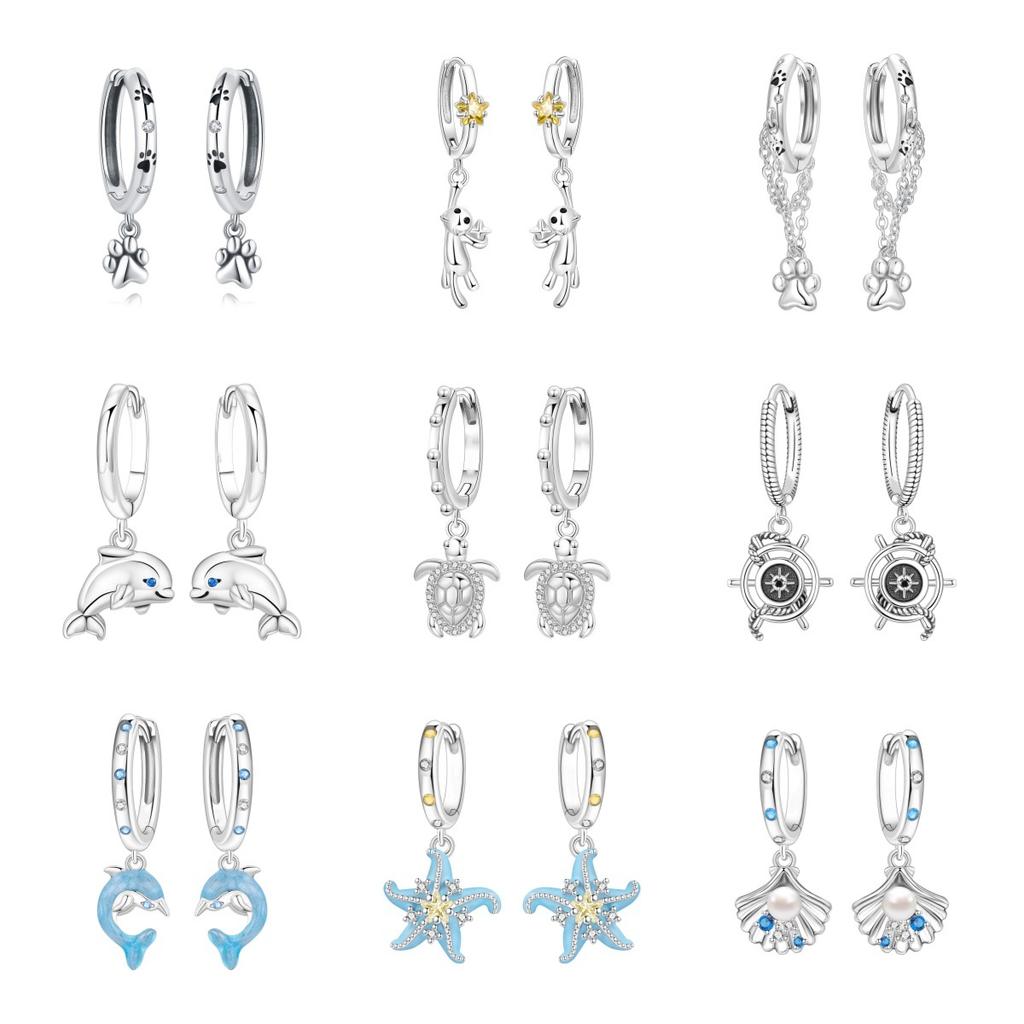 Cute Marine Animal Earrings Dolphin Turtle Shell Cat Design Stud Dangle Hoop Earrings For Women Girls