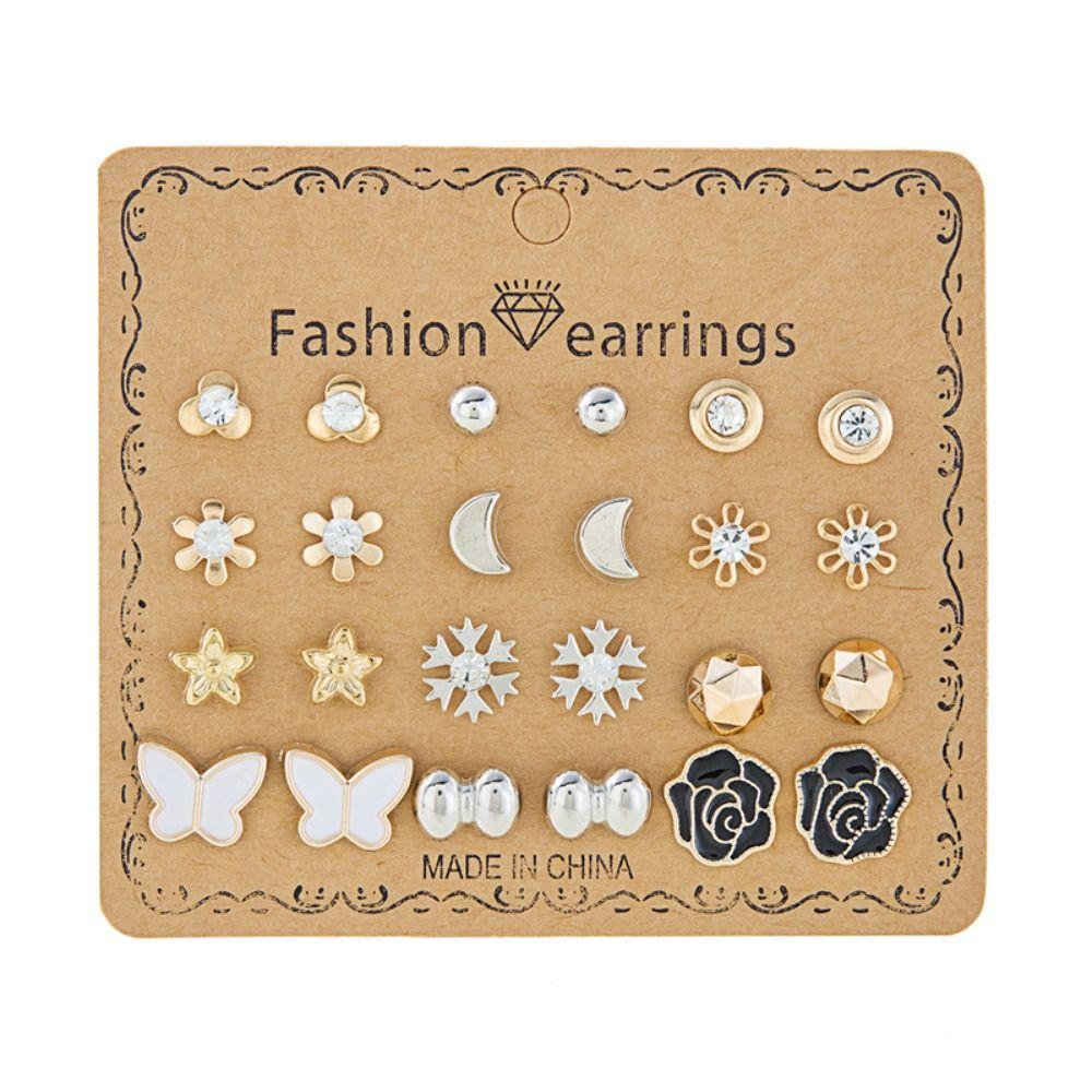 12 Pairs Colorful Combination Stud Earrings Mini Earring Set Metal Crystal Bead Ear Studs  Women