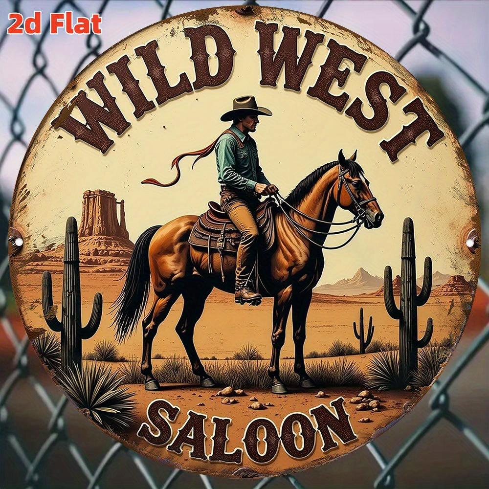 Wild West Saloon Sign CowboyThemed Round Metal Wall Decor with Wild West Characters (Cowboy Sheriff) Cacti Durable 20x20cm(8x8inch)