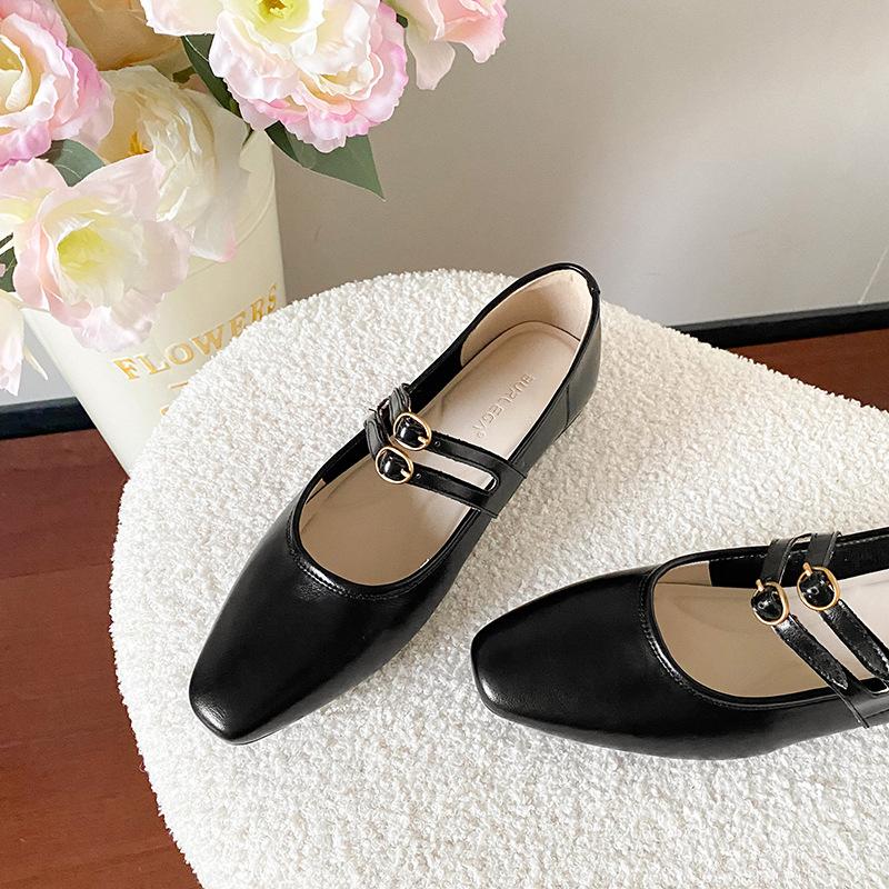 Spring and summer new high-end retro square head shallow mouth single shoes women's soft leather thick heel Mary Jane shoes