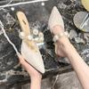 Fashion 2024 New  Pearl Black Sandals Women Summer Slippers Woman Thin Heels Womens Outdoor High Heels Pointed Toe  Woman Mules
