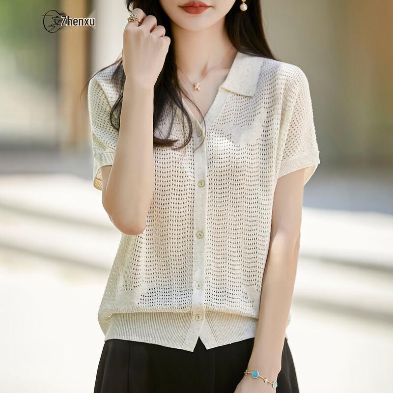 Zhenxu Women s Short Sleeve Lyocell Linen Blend Knit Cardigan L