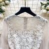 Rochie de toamnă nouă, slăbitoare, până la genunchi, elegantă din plasă pentru femei, cu broderie de flori de lux cu margele, cu centură peral, rochie de petrecere subțire