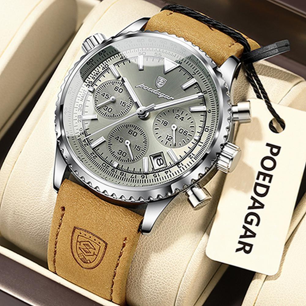 POEDAGAR Military Luxury Men Watch Date Chronograph Waterproof Luminous Top Man Wristwatch Leather Men's Quartz Watches