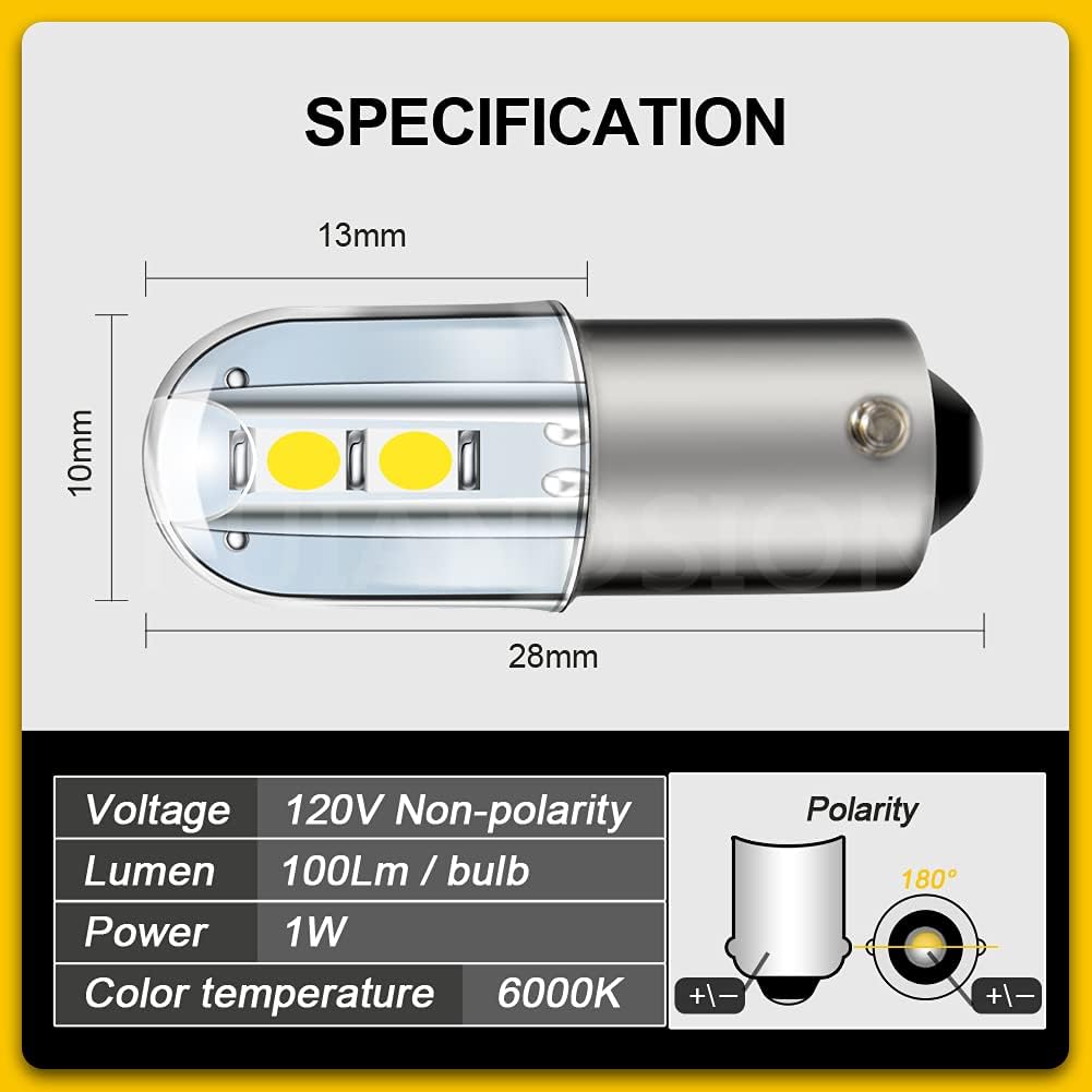 Ruiandsion BA9S LED Bulb 120V AC/DC Miniature Bayonet 9mm BA9s Base 3030 4SMD LED Replacement Bulb for Indicator Pilot Lights,White (Pack of 10)